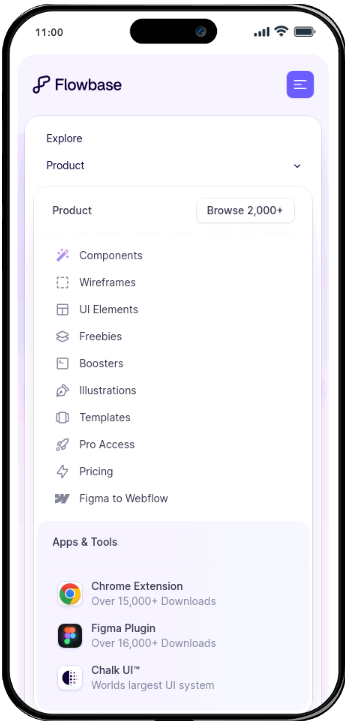 18 Mega Menu Examples To Streamline Your Website Navigation In 2026 15 A screenshot of Flowbase's website mega menu on mobile