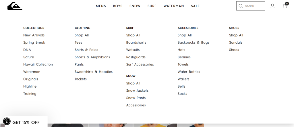 18 Mega Menu Examples To Streamline Your Website Navigation In 2026 5 A screenshot of Quicksilver's website mega menu