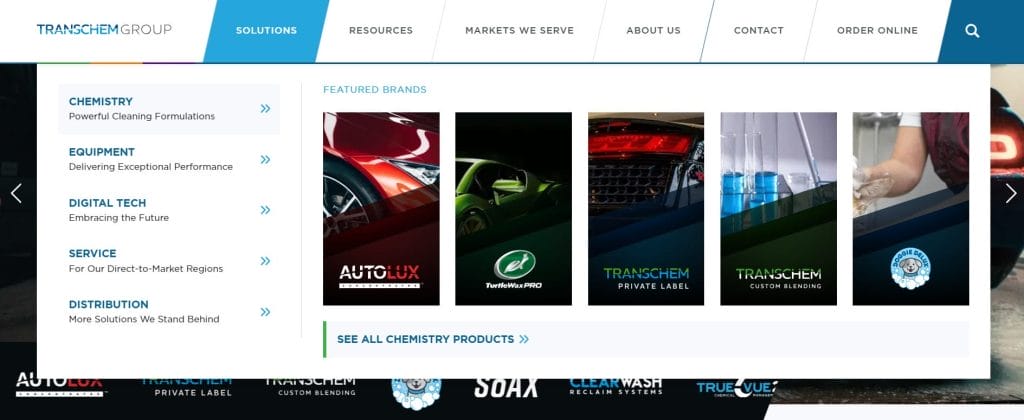 18 Mega Menu Examples To Streamline Your Website Navigation In 2026 3 A screenshot of Transchem Group's website mega menu