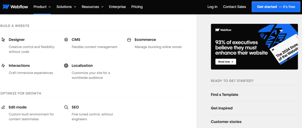 18 Mega Menu Examples To Streamline Your Website Navigation In 2026 10 A screenshot of Webflow's website mega menu