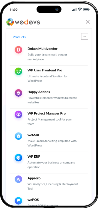 18 Mega Menu Examples To Streamline Your Website Navigation In 2026 19 A screenshot of weDevs' website mega menu on mobile