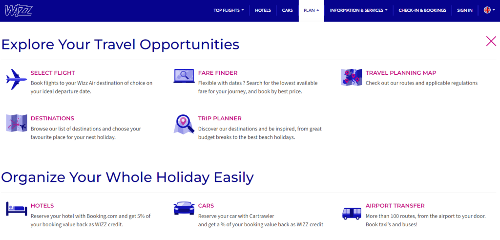 18 Mega Menu Examples To Streamline Your Website Navigation In 2026 6 A screenshot of Wizzair's website mega menu