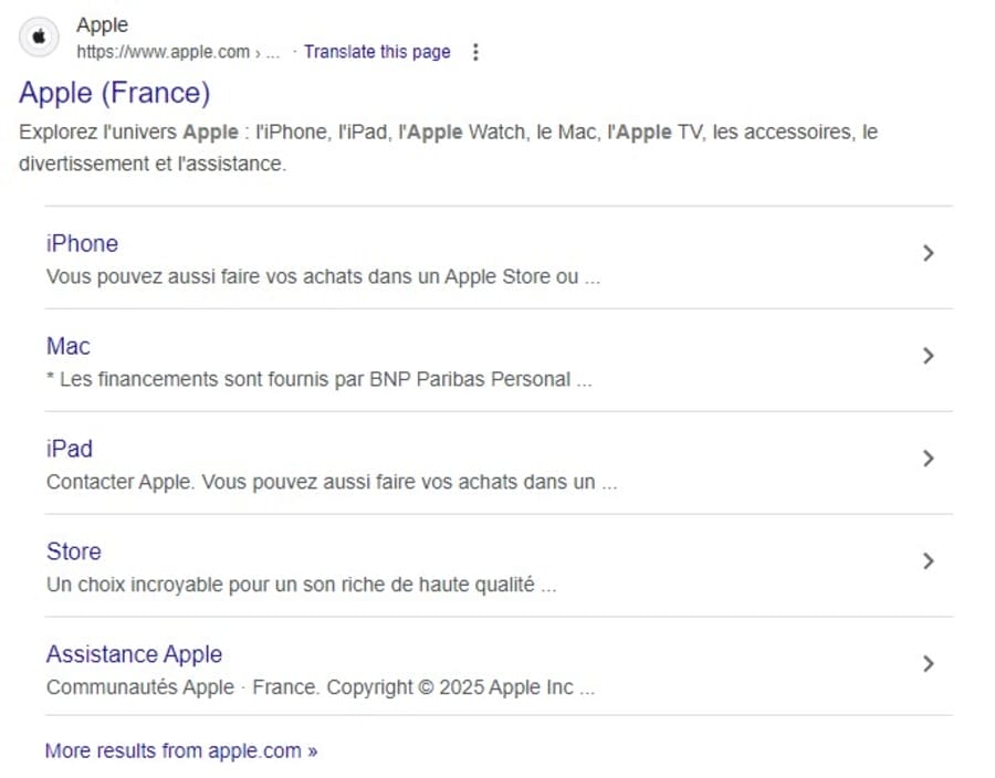 How Fortune 500 Companies Handle Multilingual SEO At Scale 2 Google Search showing results for Apple France