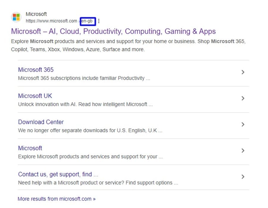 How Fortune 500 Companies Handle Multilingual SEO At Scale 4 Google Search showing results for Microsoft's UK page
