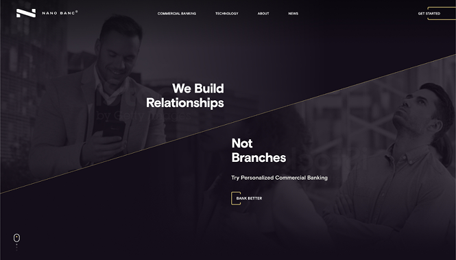 Finance & Banking Web Design 56 Nano Banc website hero with dark overlay and messaging focused on personalized commercial banking relationships.