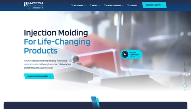 Manufacturing Web Design 60 Natech Plastics website hero highlighting injection molding services with a clean, modern industrial interface.
