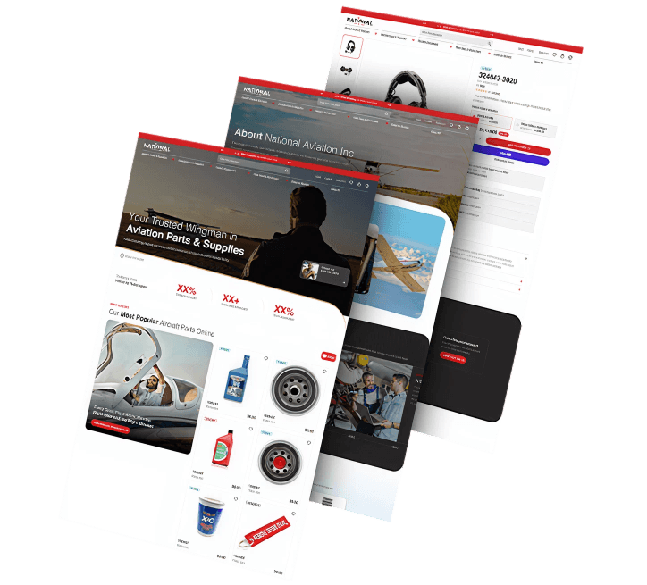 Three desktop screenshots of National Aviation's website pages displayed in a reverse angled arrangement showing homepage and inner page layouts