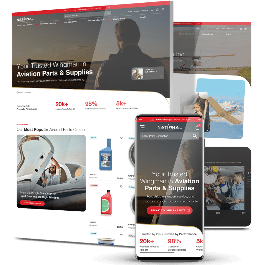 National Aviation eCommerce website shown across desktop and mobile screens with hero banner, product listings and key performance stats