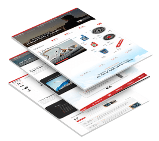Three stacked desktop screenshots of National Aviation's website showing homepage, about page and product detail page at an angled perspective