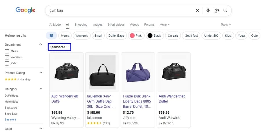 18 Native Ads Examples To Impress Customers In 2025 3 Image showing Google search for gym bag and related native ads