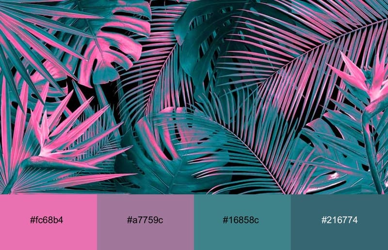 These Are The 20 Best Neon Color Palettes For Impressive Designs 17 tropical leaves colored in neon pink and teal