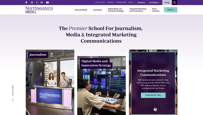 Web Design 12 University program website highlighting journalism and marketing communications with academic program sections