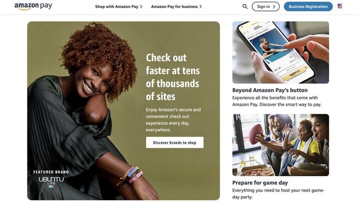 Magento Payment Gateway Integration 101: Secure Transactions For Your eStore 5 A screenshot from Amazon Pay website featuring a smiling woman, a person scrolling the Amazon Pay app on their mobile phone, and a happy family watching a football game