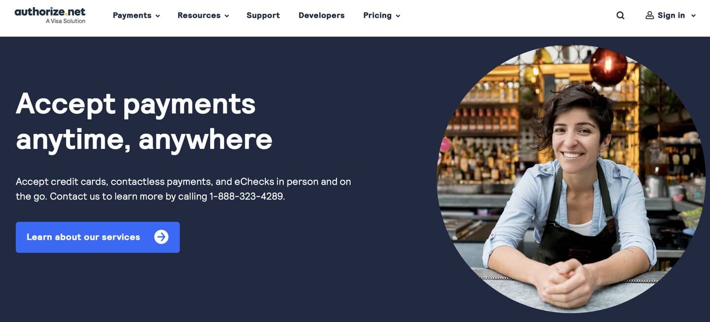 Magento Payment Gateway Integration 101: Secure Transactions For Your eStore 4 A screenshot of the services call to action button on authorize.net