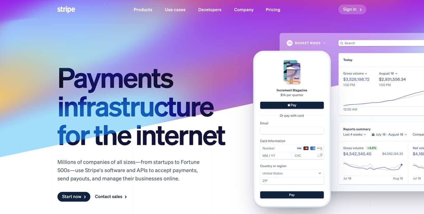 Magento Payment Gateway Integration 101: Secure Transactions For Your eStore 2 A screenshot of Stripe's home page boasting a sleek and colorful design