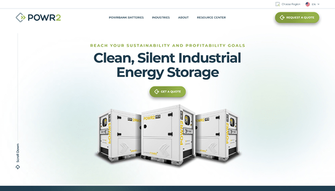 Web Design 10 POWR2 website showcasing clean and silent industrial energy storage units designed for sustainability and efficiency