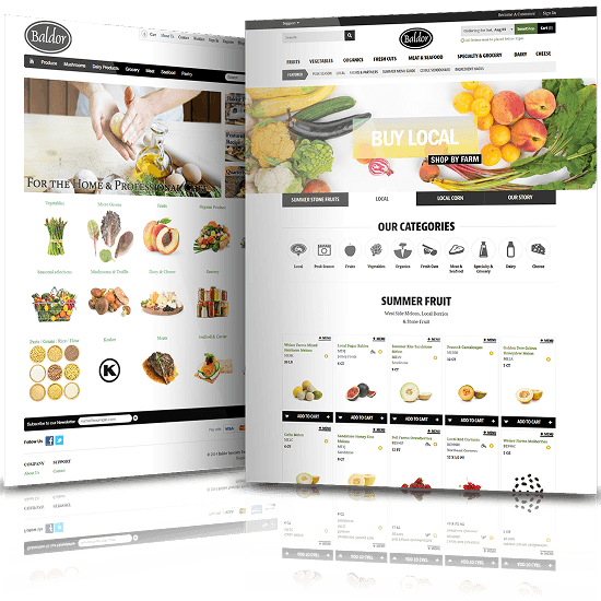 Before and after comparison of the Baldor website, with the original product-grid layout on the left and the redesigned homepage featuring a Buy Local hero, a categories section and a summer fruit product listing with add-to-cart functionality on the right