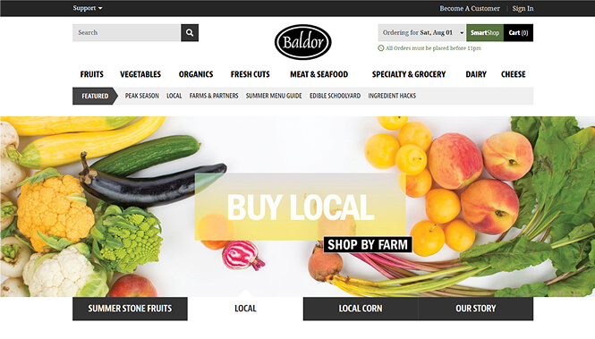 Baldor wholesale produce website homepage showing a 