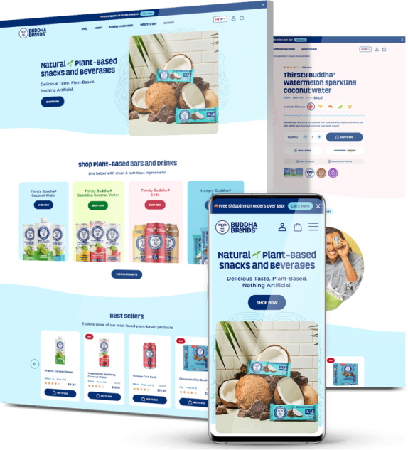 Desktop and mobile mockups of the Buddha Brands website showing the natural plant-based snacks and beverages homepage with a coconut photography hero, a product category grid for Thirsty Buddha drinks and a mobile view with the same hero and a best sellers section