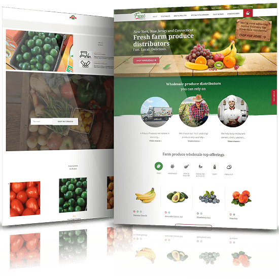 Before and after comparison of the Fresco Products website, with the original text-heavy layout alongside close-up vegetable photography on the left and the redesigned homepage with a cleaner hero, trust icons and a farm produce category grid on the right