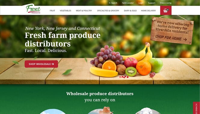 Fresco Products homepage showing a colorful fruit arrangement hero with the headline 