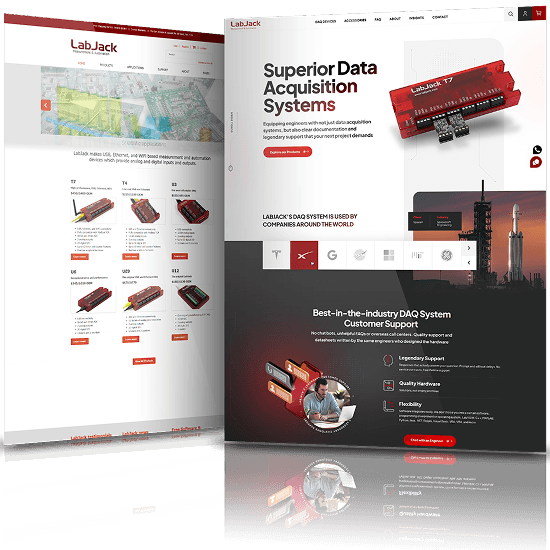 Before and after comparison of the LabJack website, with the original product listing layout on the left and the redesigned homepage featuring a bold hero, global customer logos and a customer support section on the right