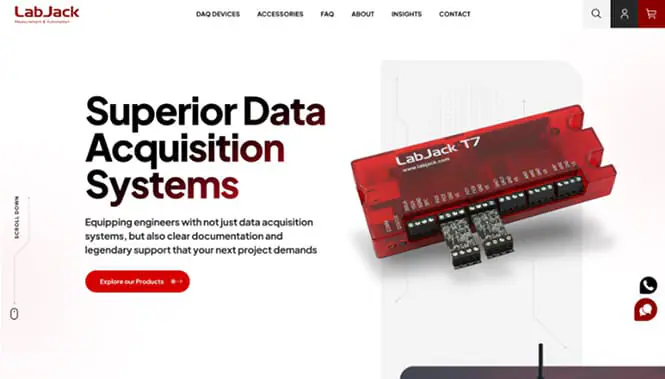 Manufacturing Web Design 55 Product website homepage for LabJack featuring data acquisition systems with a modern, technical interface.