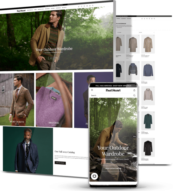 Desktop and mobile mockups of the Paul Stuart website showing a fall outdoor wardrobe campaign hero with a male model in a forest setting, a category grid for sport jackets and sweaters, a fall catalog section and a mobile view of the same hero with a Shop Sportswear CTA