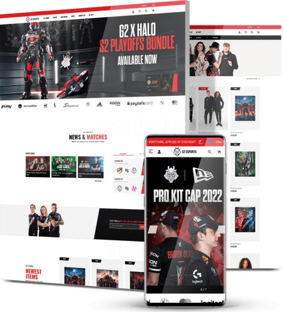 Desktop and mobile mockups of the G2 Esports website showing a Halo S2 Playoffs Bundle hero banner, a news and matches section with upcoming game schedules, a merchandise shop with team apparel and a mobile promotional banner for the Pro Kit Cap 2022