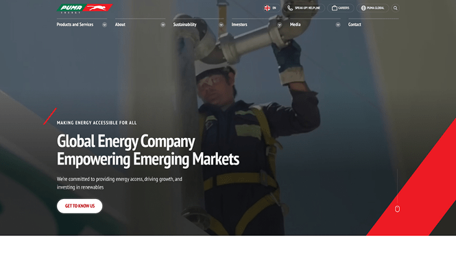 Packaging Design Agency 69 Puma Energy website hero showing technician with messaging about global energy access and emerging markets