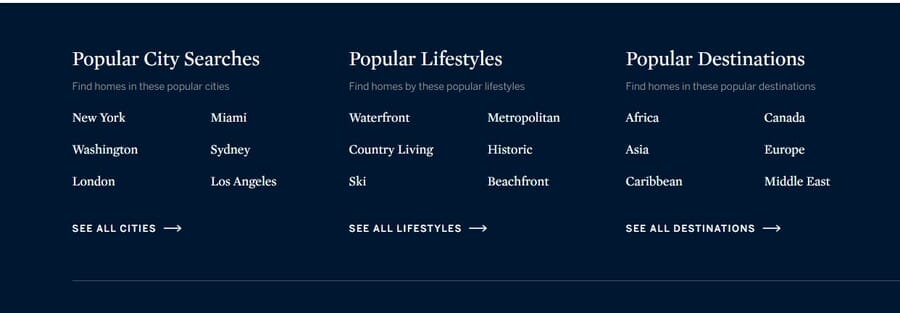 Real Estate SEO: Practical Guide For Property Owners 5 Sotheby’s International Realty website screenshot showing interlinking module