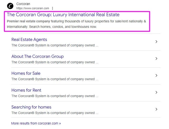 Real Estate SEO: Practical Guide For Property Owners 3 Google Search image showing metadata for The Corcoran Group