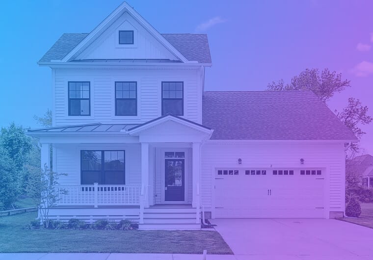 A two-story white suburban house with a front porch and attached garage