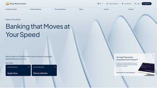 Finance & Banking Web Design 57 Royal Business Bank website hero with minimalist design and messaging about fast, flexible banking solutions.