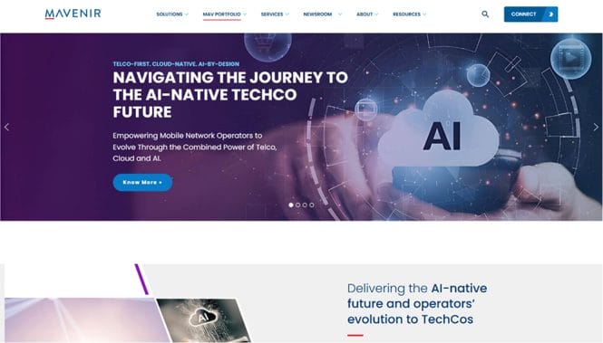Mavenir website hero section featuring AI-native TechCo messaging with a purple gradient banner and navigation menu
