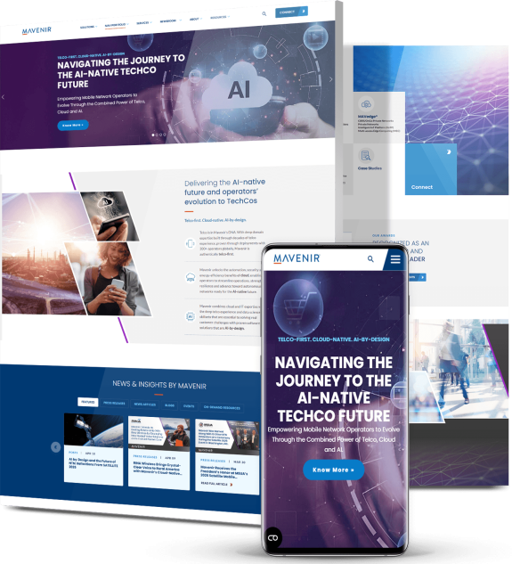 Composite mockup of Mavenir's website displayed across desktop and mobile screens with multiple page sections visible