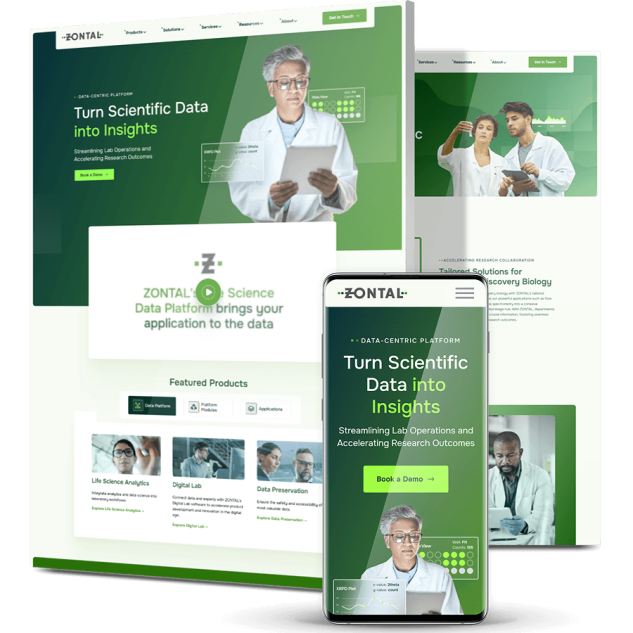 Desktop and mobile mockups of the Zontal website showing the homepage hero with a scientist and data overlay, a featured products grid for life science analytics, digital lab and data preservation, a Discovery Biology solutions page and a mobile view with a Book a Demo call-to-action
