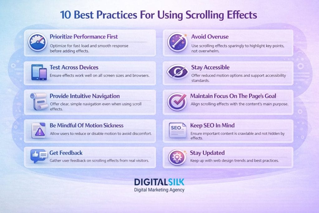 Scrolling Effects In Web Design (2026): Benefits & Risks 3 a table listing the best practices for scrolling effects