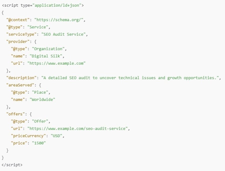 Top 23 SEO Mistakes Even Big Enterprises Make In 2025 4 Image showing a schema markup for an SEO audit service page