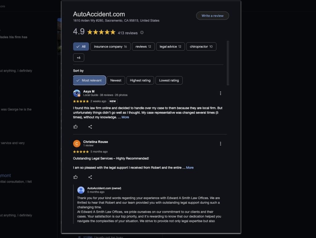 13 Proven SEO Strategies For Personal Injury Attorneys 6 AutoAccident Law Offices of Edward A. Smith Google reviews screenshot
