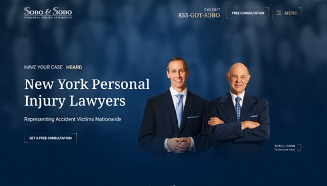 Law Firm Digital Marketing 46 Sobo & Sobo personal injury law website featuring attorneys, strong headline, and consultation call-to-action.