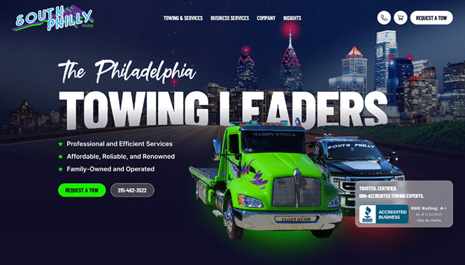 WooCommerce Development 40 Towing company website with bold typography, city skyline background, and featured service vehicles