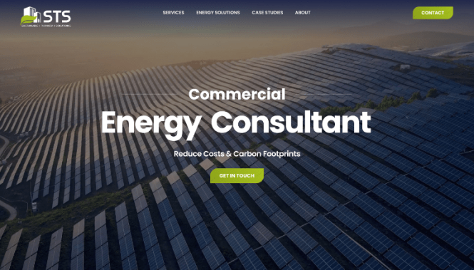 Energy Web Design 24 STS energy consulting website hero with solar farm imagery promoting commercial energy efficiency and cost reduction solutions