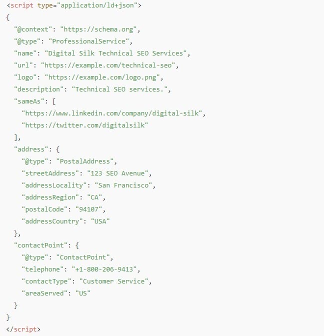 The Only Technical SEO Checklist You Need: 2025 Guide 13 Image showing an example of a schema markup for a technical SEO company