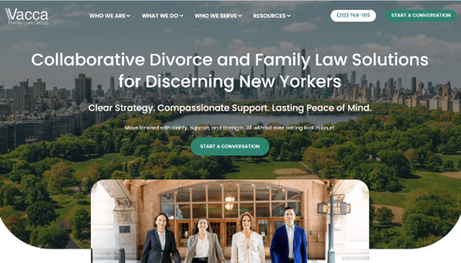 Law Firm Digital Marketing 47 Vacca Family Law website homepage featuring New York skyline, family law messaging, and call-to-action for consultation.