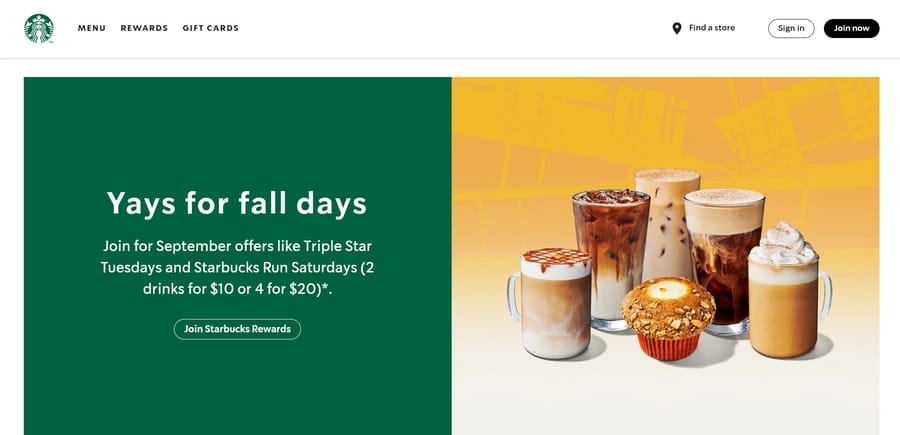 Visual Brand Language: 5 Crucial Elements & Examples 2 Starbucks website screenshot