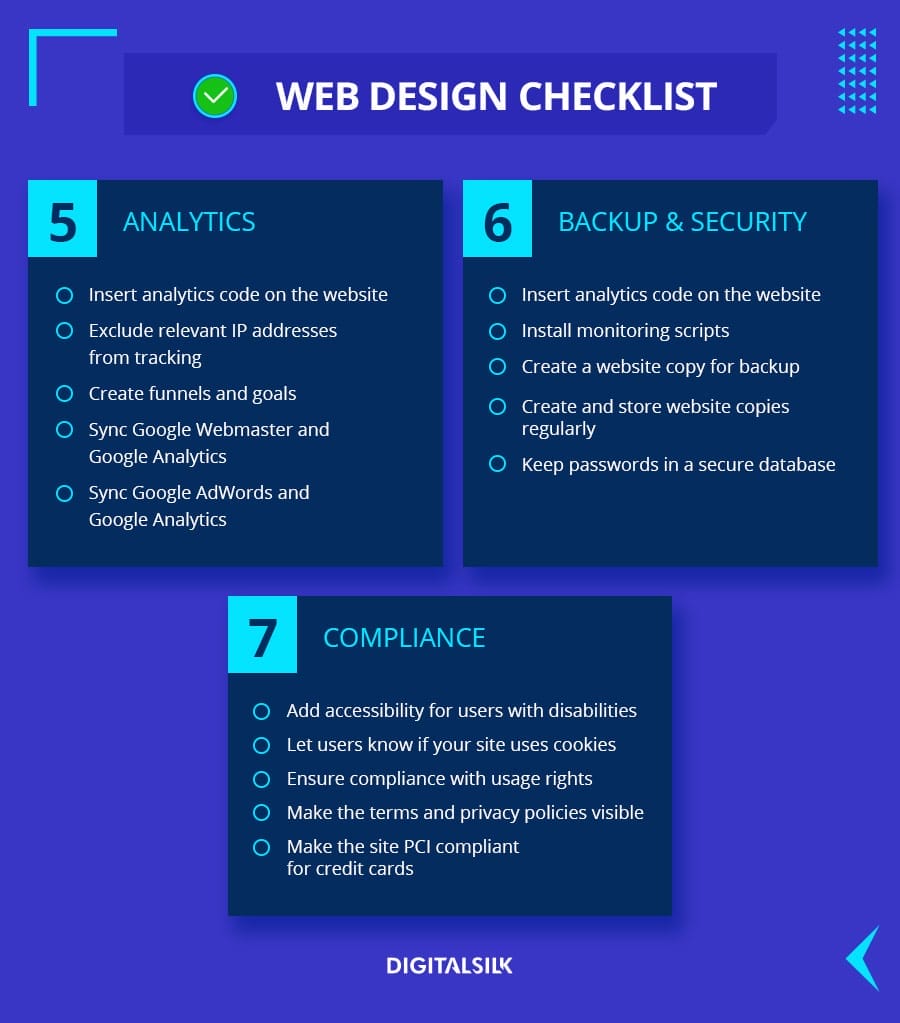 Website Design Checklist: 40+ Items To Review Before Launch 4 Web Design Checklist items: analytics, backup & security and compliance