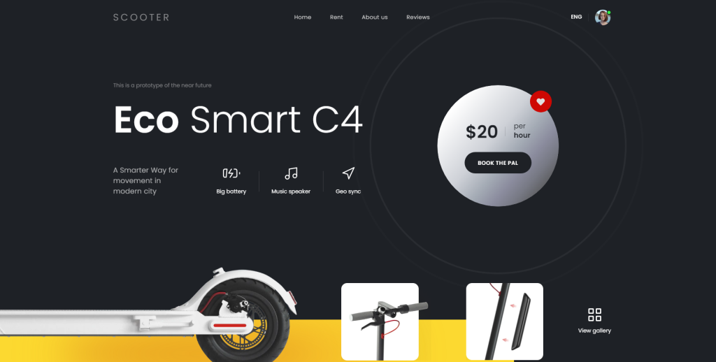 Best Website Animations: Trends, Techniques & Top Examples 8 Featured image of the eScooter's landing page with a picture of an electrical scooter wheel.