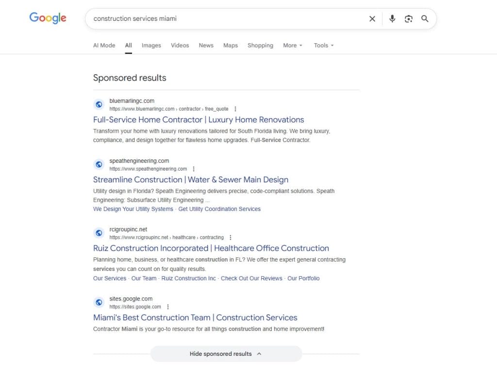 How To Attract Targeted Traffic With A Marketing Strategy 2 Image showing google search results for construction services Miami