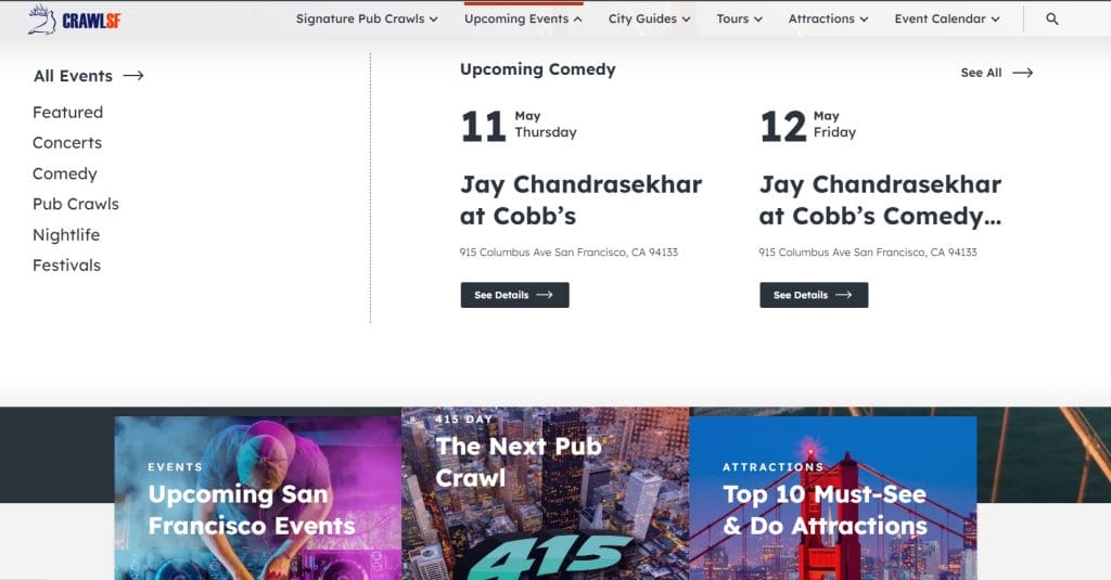A Complete Website Navigation Guide: How-To Build The Perfect User Journey 17 An event platform CrawlSF landing page - featured images of San Francisco.